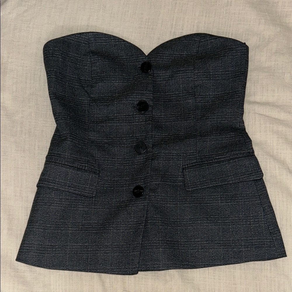 Zara Dark Gray Plaid Strapless Button Front Bustier Top